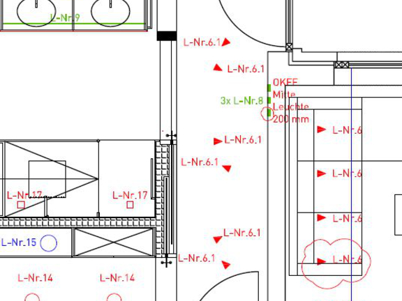 Technische Bauzeichnung mit BORA Küchenelementen und Einbaumaßen, Detailplanung für moderne Kücheninstallation.