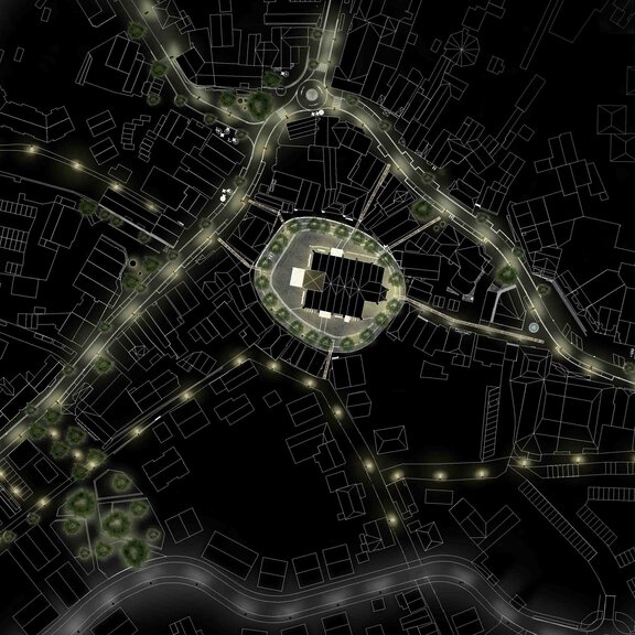 BORA Lageplan bei Nacht mit beleuchteter Umgebung und zentralem Gebäude in der Karte.