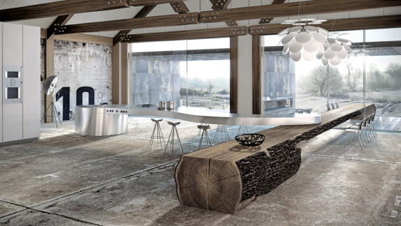 BORA Kücheninsel mit integriertem Kochfeld und stilvollem Holz-Bankdesign in moderner Industrie-Architektur.