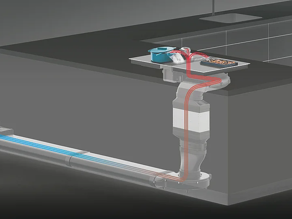BORA Abluftsystem mit integriertem Kochfeld und unsichtbarem Luftkanal für effiziente Dunstabzugslösung in der Kücheninsel.
