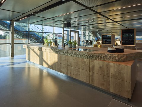 Moderne BORA Kücheninsel mit Natursteinplatte und integrierten Kochgeräten in lichtdurchflutetem Raum.