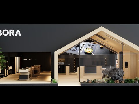 BORA Messestand mit modernen Küchensystemen und Kochfeldabzügen, dargestellt in zeitgemäßem Design.