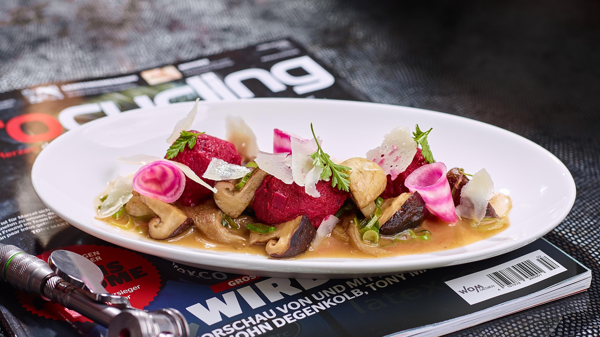 Beetroot dumplings with fried mushrooms