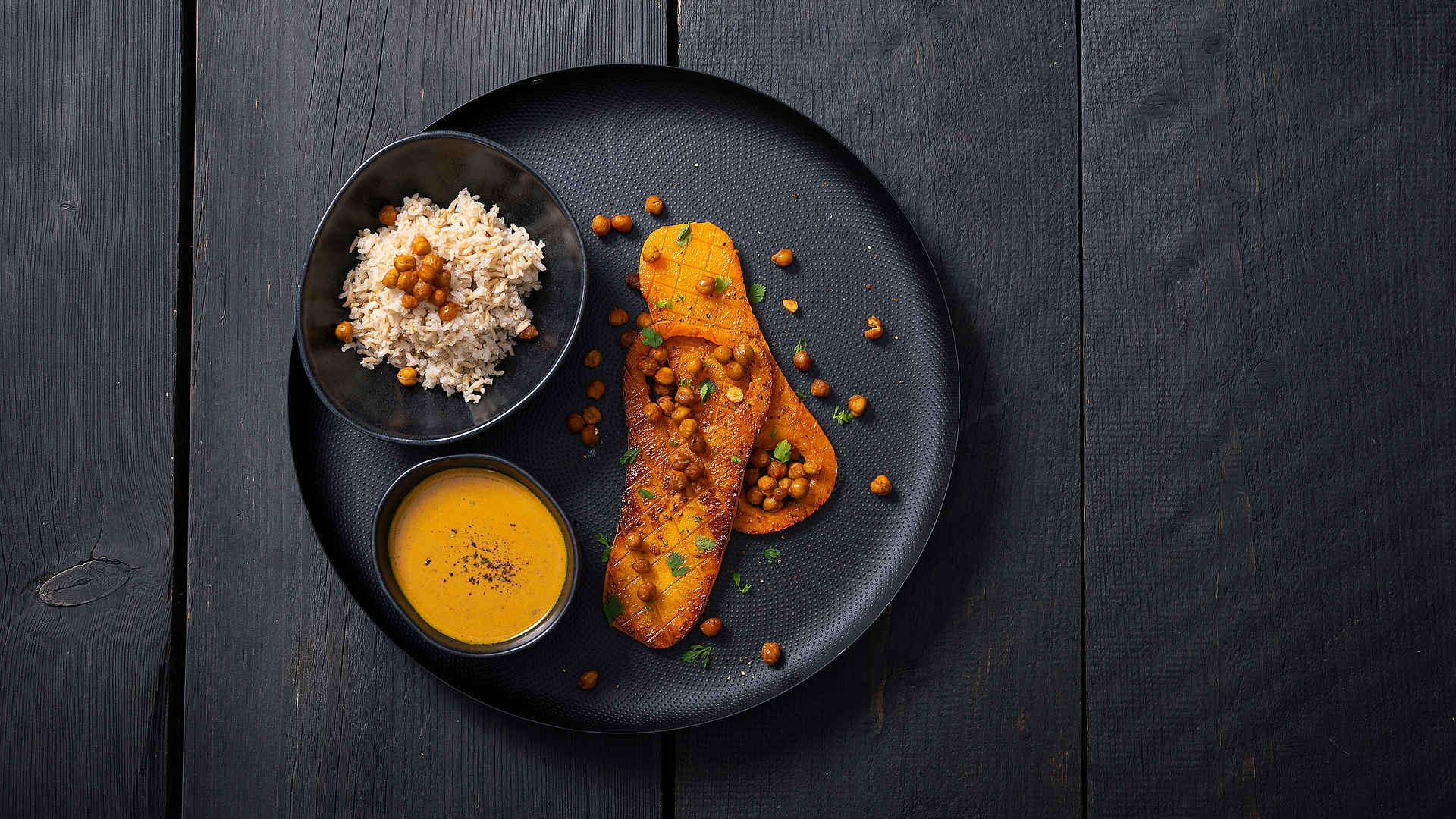 Butternut squash with garam masala sauce and roasted chickpeas