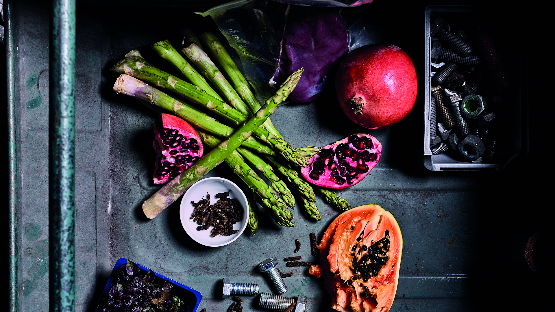 Duck breast with asparagus pomegranate and papaya ingredients