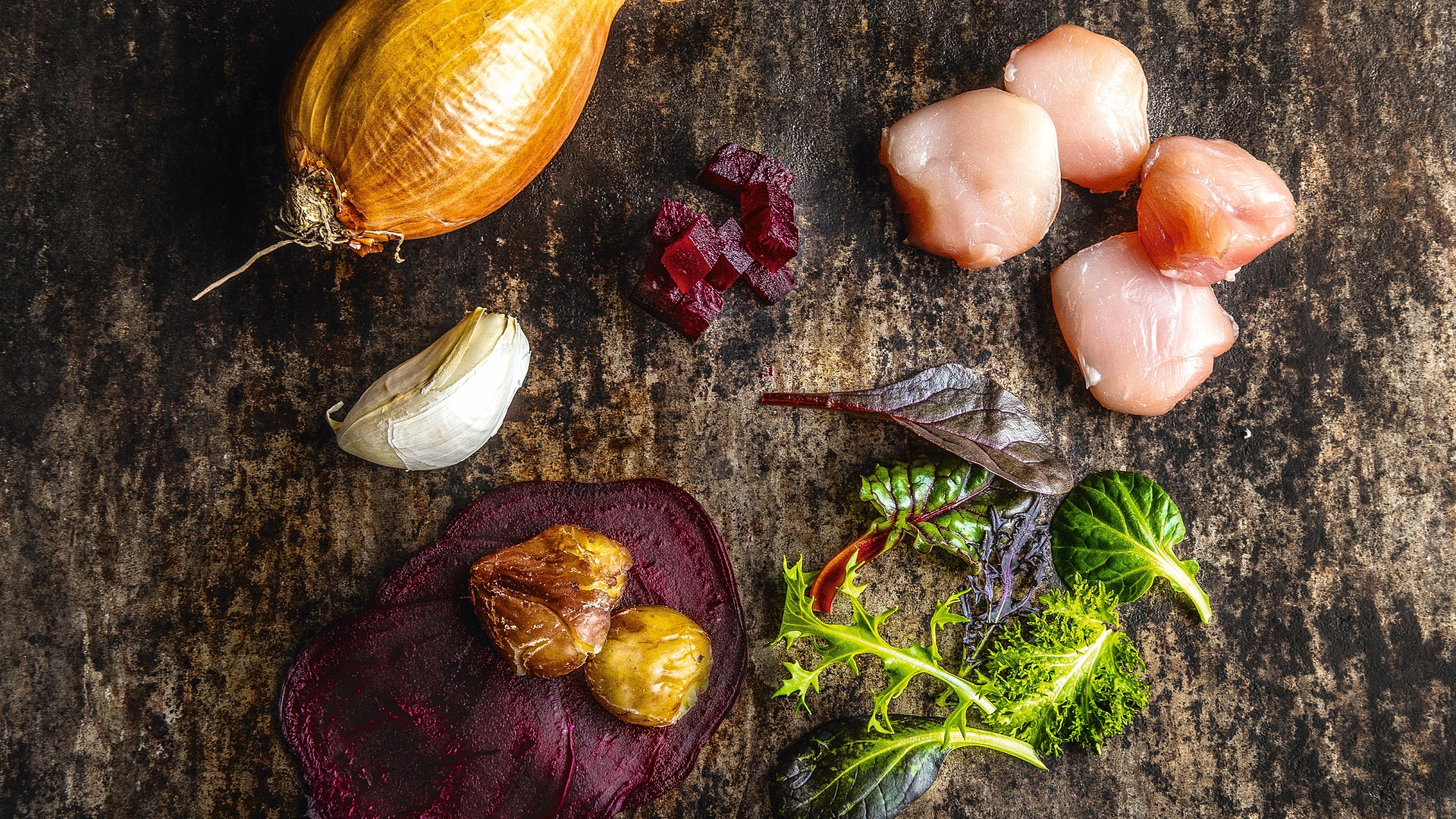 Pink rabbit loin with beetroot and chestnuts ingredients