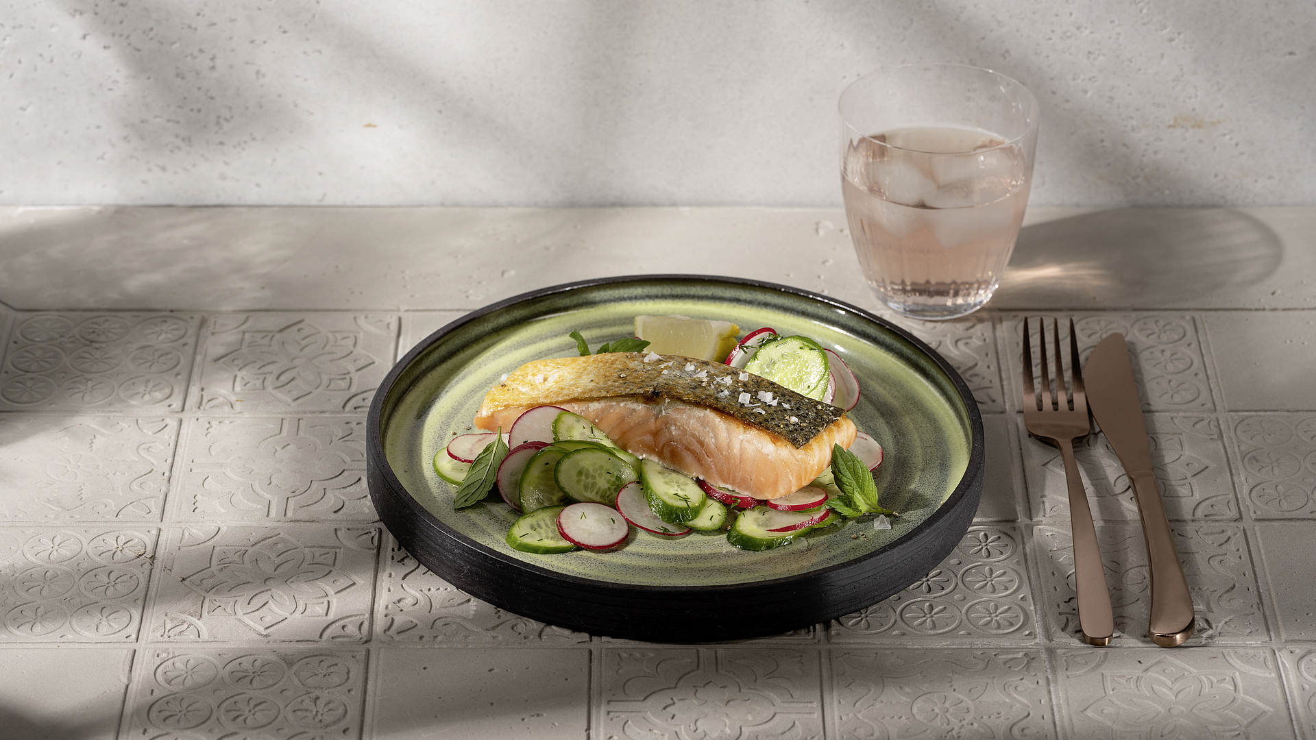 Salmon with radish & cucumber salad