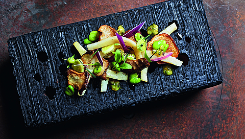 Cuttlefish with passion fruit, Jerusalem artichoke and beans