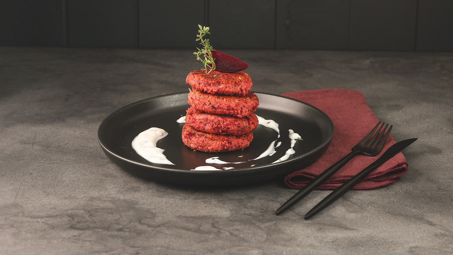 Beetroot and lentil burger with mint and soya yoghurt