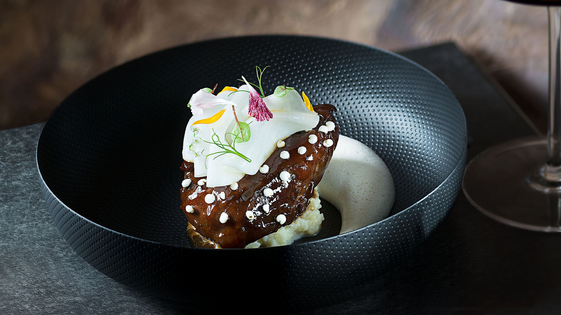 Veal cheek with celery mash and mushroom foam