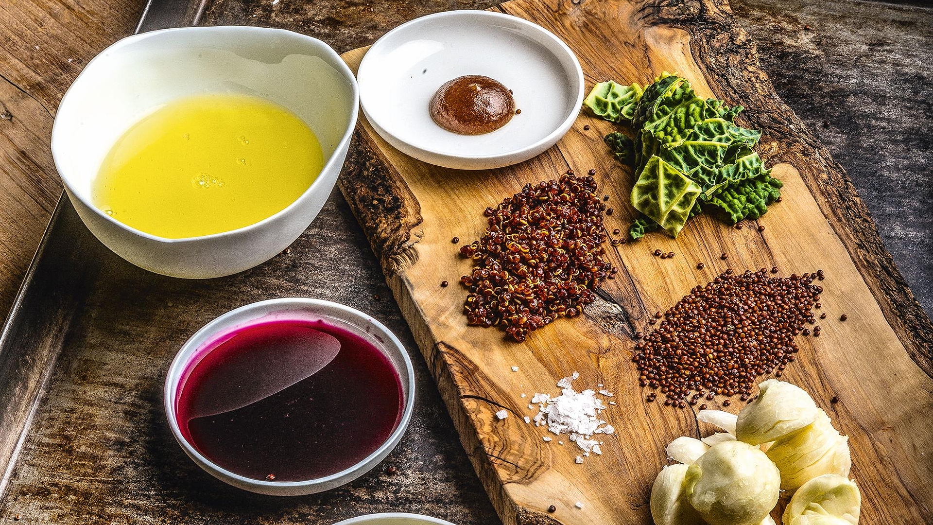 Braised brussels sprouts with date cream, quinoa and beetroot juice ingredients