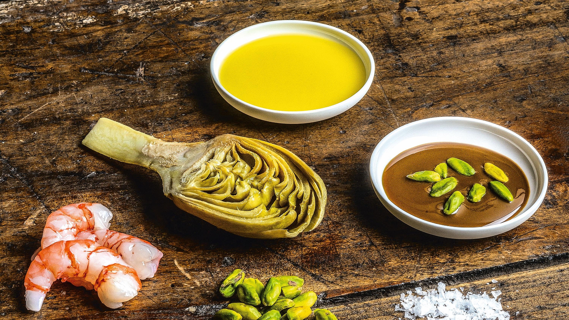 Crispy artichoke salad with prawns and pistachio cream ingredients