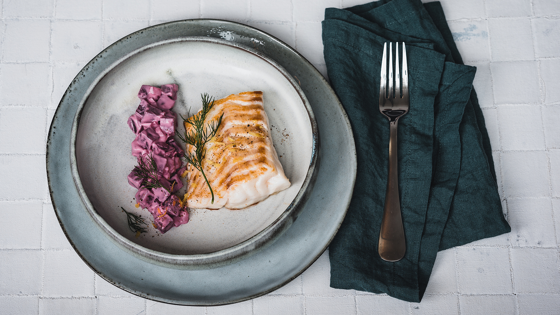 Pan-seared cod on a bed of beetroot and Skyr