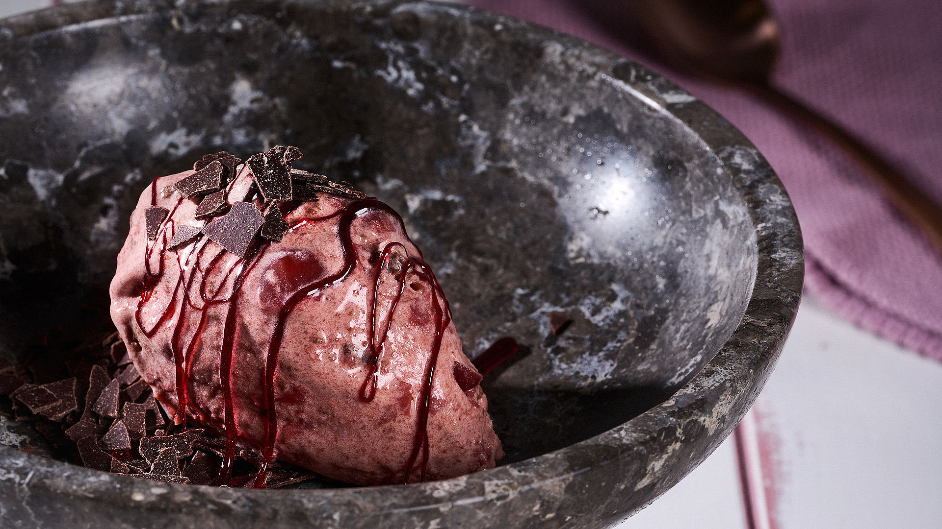 Black Forest gateau ice-cream with cookies and cherry syrup