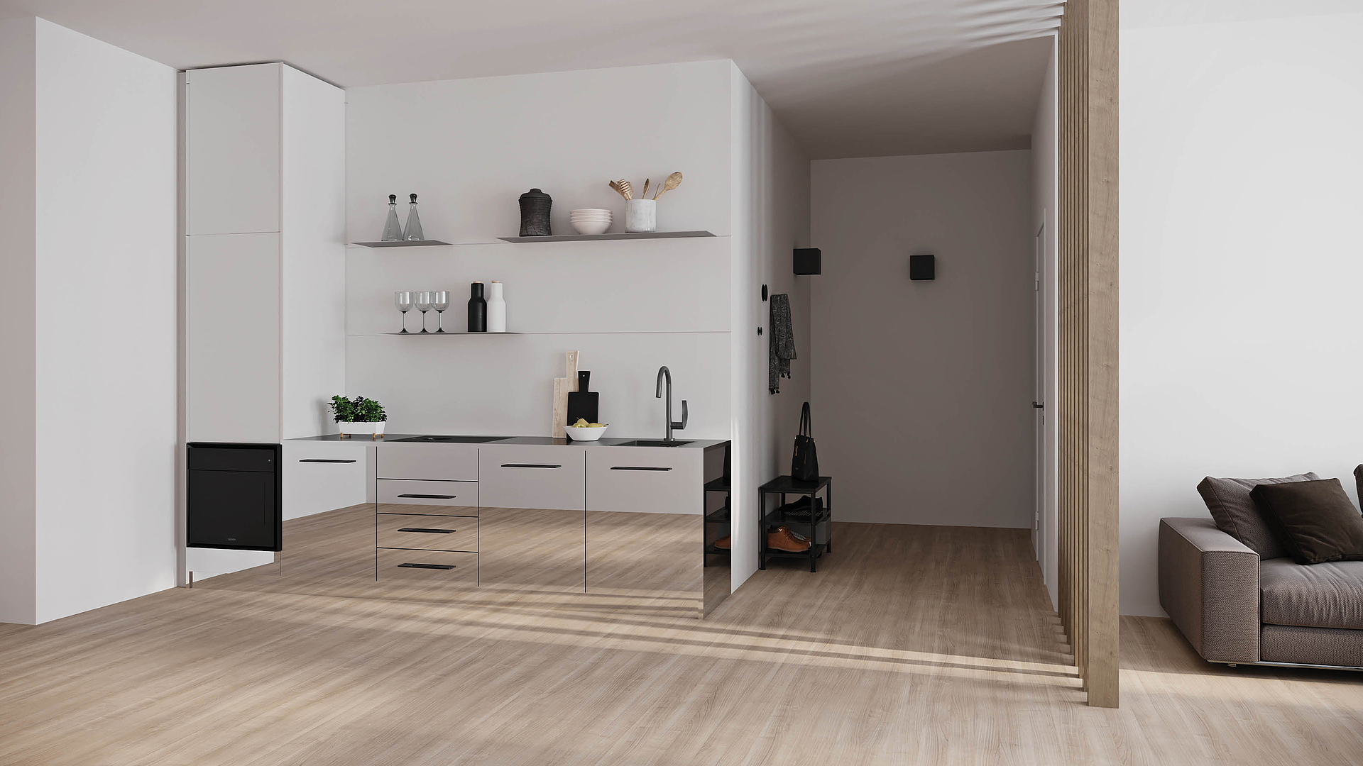 Design minimalista pulito per una cucina da single