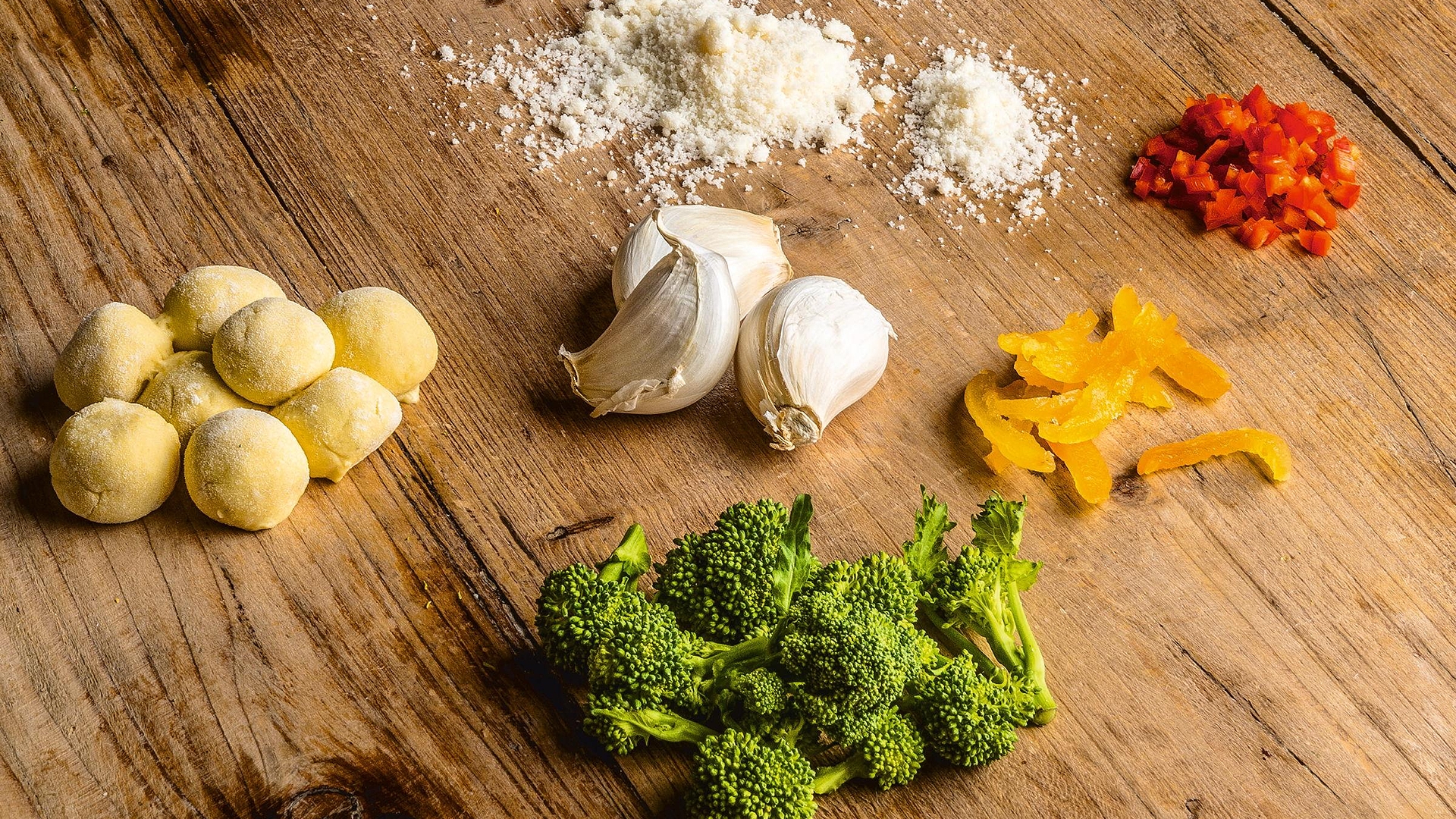 Buffalo ricotta gnocchi with broccoletto, chilli & candid apricots ingredients