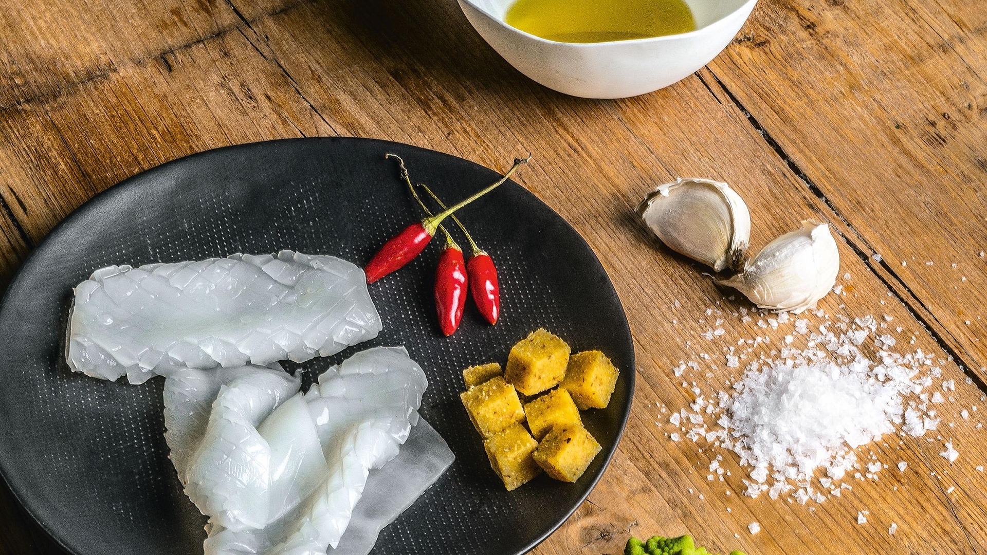 Grilled squid with romanesco broccoli and crispy polenta cubes ingredients