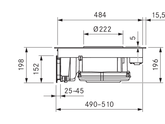 Technische Zeichnung mit Maßen des BORA Lüftermoduls für Einbau in Küchenarbeitsplatten.