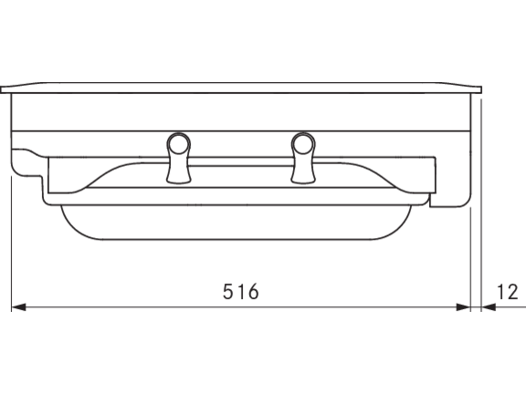 Schnittzeichnung BORA Dunstabzug mit Abmessungen, zeigt Einbauhöhe von 12 mm und Breite von 516 mm.