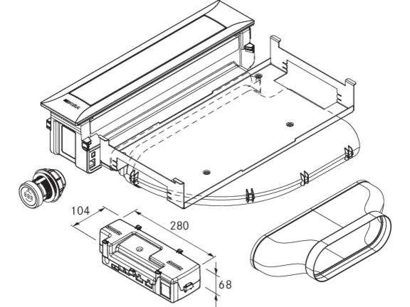 Technische Zeichnung eines BORA Einbau-Lüftungsmoduls mit Maßen und einzelnen Bauteilen.