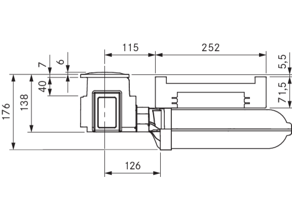 Technische Zeichnung mit Maßen des BORA Kochfeldabsaugers, Ansicht von der Seite, Detail der eingebauten Lüftungseinheit.