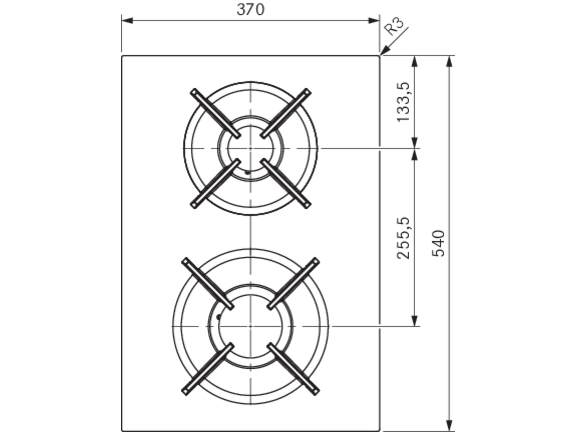 Technische Zeichnung BORA Kochfeld mit zwei Gasbrennern und Maßen 640x370 mm.