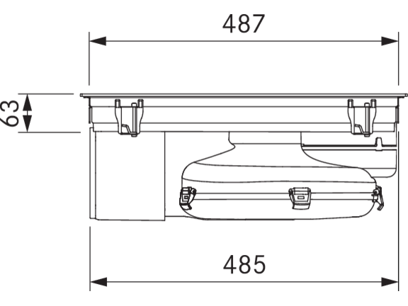 Technische Zeichnung des BORA Abluftsystems mit genauen Abmessungen in Millimetern, 487x63 mm.