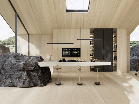 Moderne BORA Küche mit Kochfeld, integriertem Dunstabzug und Holzdesign, kombiniert mit natürlichem Fels im Wohnraum.
