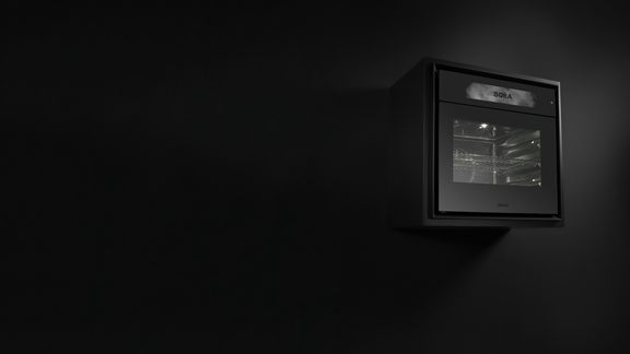 BORA Backofen in schwarzer Küche, modernes Design mit Blick auf das Innenleben und Markenlogo. BORA Backofen in schwarzer Küche, modernes Design mit Blick auf das Innenleben und Markenlogo.