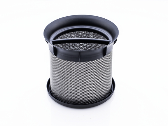 BORA Edelstahl-Fettfilter Pure in zylindrischer Form für optimale Luftreinigung, schwarz-silbernes Design.