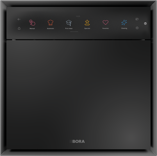 BORA Backofen mit Touch-Display und Funktionsicons für manuell, automatisch, Lieblingsrezepte und Reinigung in Schwarz.