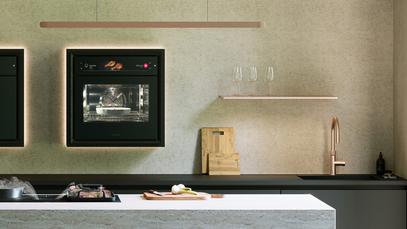 Moderne BORA Küche mit integriertem Backofen und Kochfeld, minimalistisch gestaltet mit hochwertiger Arbeitsplatte und modernen Armaturen.