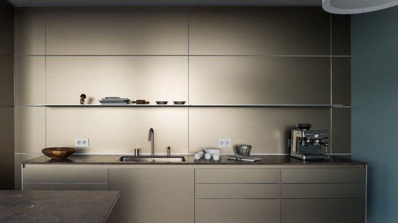 Moderne BORA Küchenzeile mit integriertem Spülbecken, Espresso-Maschine und minimalistischer Ästhetik. Moderne BORA Küchenzeile mit integriertem Spülbecken, Espresso-Maschine und minimalistischer Ästhetik.
