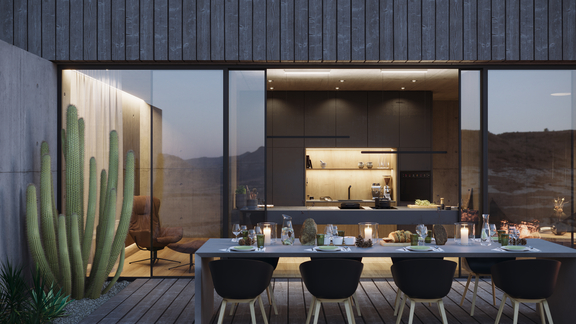 Moderner Außenbereich mit großer Terrasse und Blick auf BORA Küche mit flächenbündiger Kochfeldabzugshaube bei Abendlicht. Moderner Außenbereich mit großer Terrasse und Blick auf BORA Küche mit flächenbündiger Kochfeldabzugshaube bei Abendlicht.