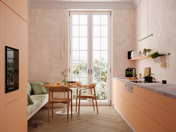 Moderne Küche mit BORA Kochfeldabzug, orangener BORA Küchenfront und gemütlichem Essbereich mit Sofa und Holztisch. Moderne Küche mit BORA Kochfeldabzug, orangener BORA Küchenfront und gemütlichem Essbereich mit Sofa und Holztisch.