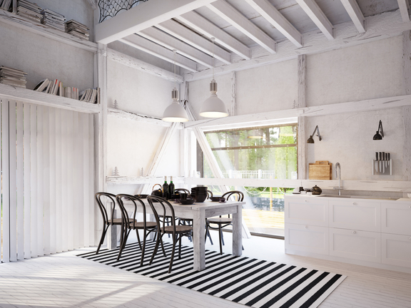 Helle, moderne Küche mit BORA Kochfeldabzug und minimalistischer Essbereich in Weiß und Schwarz.