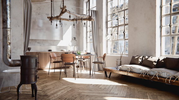 Modern eingerichtete Wohnküche mit großen Fenstern und BORA Kochfeld mit integriertem Abzugssystem in hellem Loft-Ambiente.
