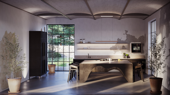 Moderne BORA Küche mit Kochinsel, integriertem Dunstabzug und naturbelassenem Design in hellem Tageslicht.