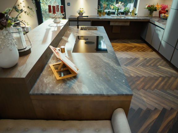 Moderne Küche mit BORA Kochfeld und integriertem Dunstabzug, hochwertiger Arbeitsplatte und stilvollem Interieur. Moderne Küche mit BORA Kochfeld und integriertem Dunstabzug, hochwertiger Arbeitsplatte und stilvollem Interieur.
