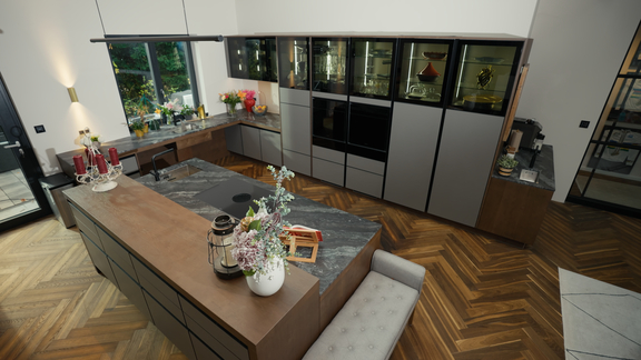 Moderne BORA Küche mit Kochfeldabzug, grifflosen Schränken und großzügiger Kochinsel in offener Wohnküche. Moderne BORA Küche mit Kochfeldabzug, grifflosen Schränken und großzügiger Kochinsel in offener Wohnküche.