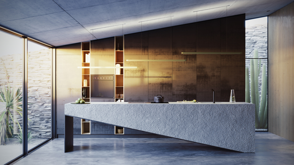 Moderne BORA Kücheninsel mit integriertem Kochfeld und innovativem Dunstabzug in puristischer Gestaltung. Moderne BORA Kücheninsel mit integriertem Kochfeld und innovativem Dunstabzug in puristischer Gestaltung.