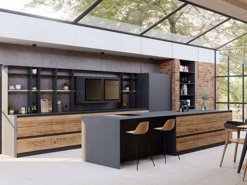 Moderne BORA Küche mit Holzfronten und integriertem BORA Kochfeldabzug in großzügigem Wohnraum mit viel Tageslicht.