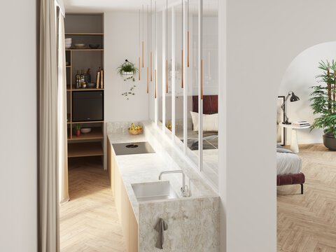 Moderne BORA Küche mit Kochfeldabzug und integriertem Spülbecken, helle Steinarbeitsplatte und minimalistisches Design.